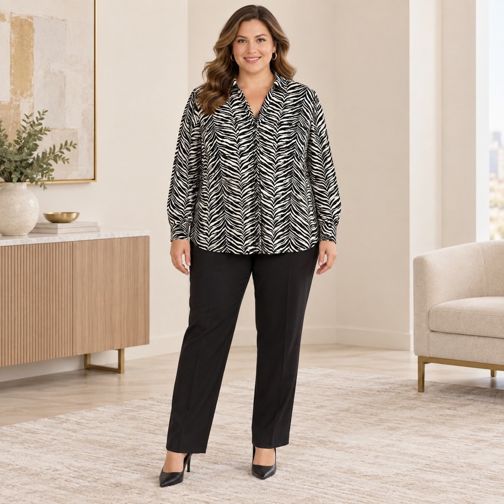 Talbots Blouse Black White Zebra Print Roll Tab Sleeve Career Classic Size 16